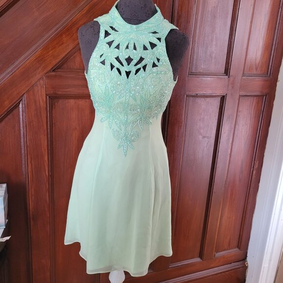 Mint Green Sleeveless Beaded Lace Dress With Halter Neck & Open Back Design - Picture 1 of 16